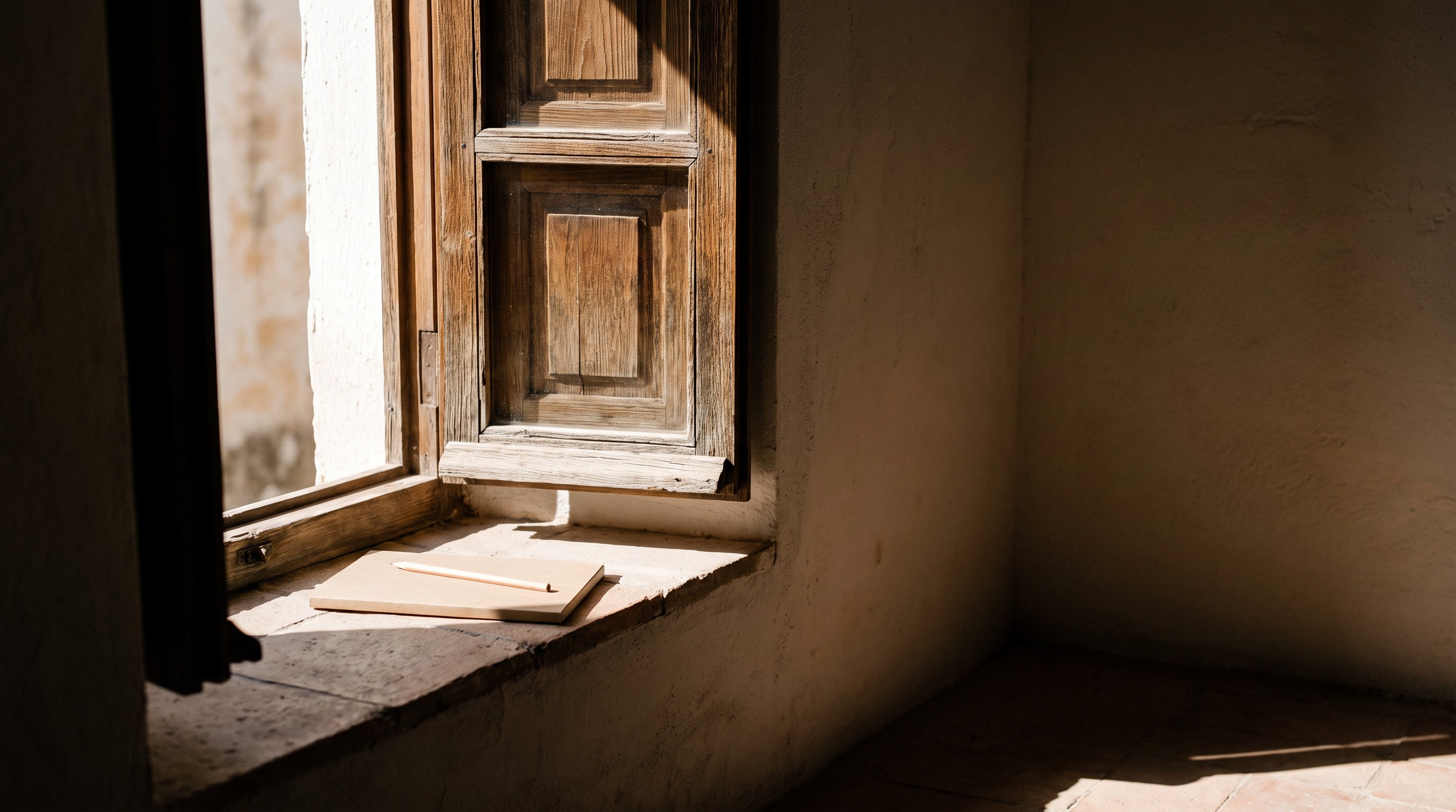 Ventana entreabierta con luz de mañana y un cuaderno cerrado sobre el alféizar